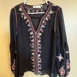 Love Sam Embroidered Boho Blouse Black Sheer Peasant Top Balloon Sleeve